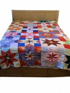 Vtg 70s Polyester Quilt Topper 87x87 Hand Stitched Dahlia Star Flower Retro